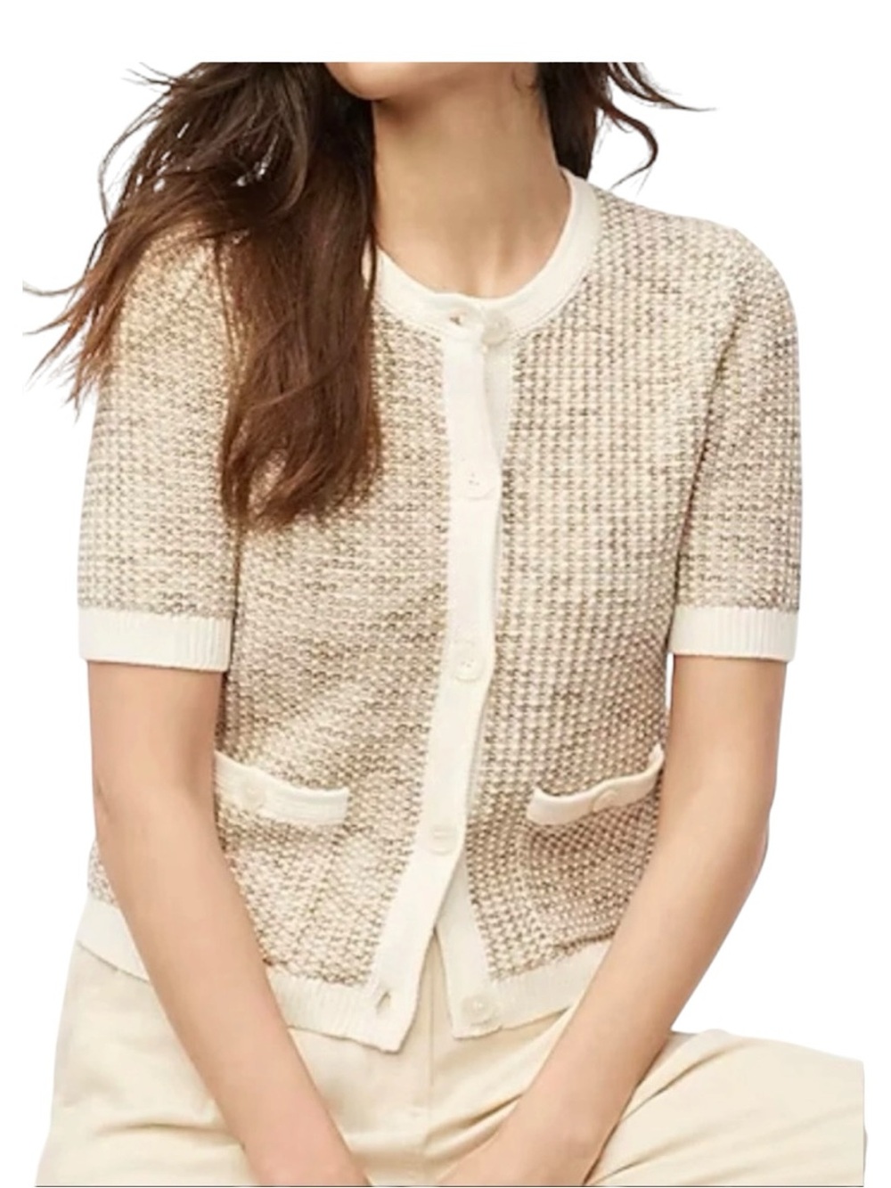 J crew Short-sleeve lady cardigan sweater cotton blend Sandstone Space size L - Picture 2 of 8